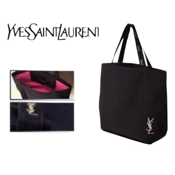 Yves Saint Laurent YSL Black Tote Bag Gold Embroidered Logo Limited Edition Rare - Picture 2 of 5